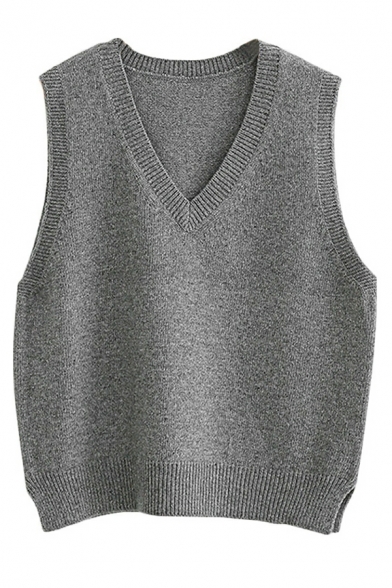 Women Dashing Plain V-neck Sleeveless Rib Hem Fitted Knitted Vest