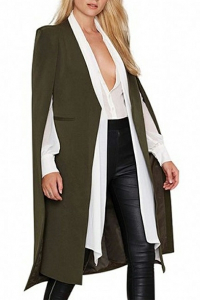 Women Freestyle Whole Colored Open Front Long Sleeves Split Cloak Trench Coat