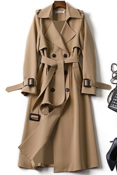 Women Hot Pure Color Lapel Collar Long Sleeves Belt-up Double-Breasted Trench Coat