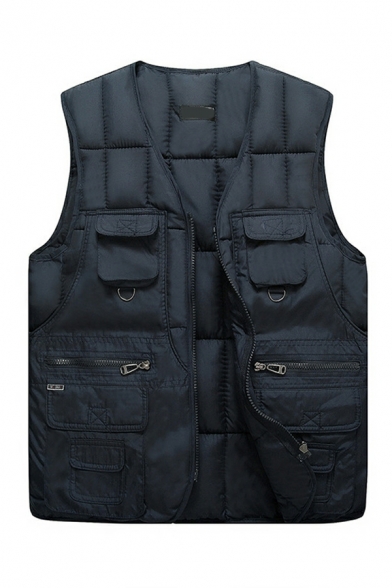 Boy's Modern Plain V-Neck Pocket Detailed Multi-pockets Relaxed Zip Fly Vest