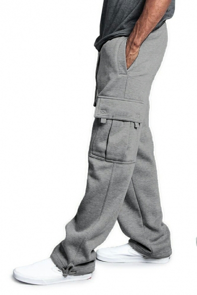 Boy's Sporty Whole Colored Flap Pocket Drawcord Mid Rise Loose Cargo Pants