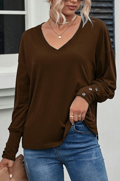 Casual Women Pure Color Long Sleeve V-neck Regular Fitted Knitted Top