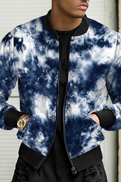 Elegant Guy's Tie Dye Pattern Long Sleeve Stand Collar Pocket Regular Fit Zip Fly Coat