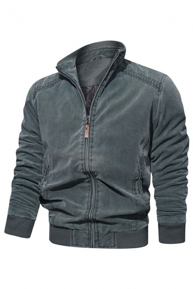 Fashionable Men Pure Color Long Sleeve Stand Collar Skinny Zip Down Jacket