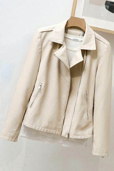 Ladies Casual Plain Pocket Designed Lapel Collar Long-Sleeved Fitted Zipper Leather Coat
