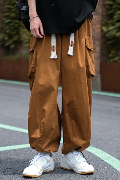Men Urban Solid Color Flap Pocket Oversized Drawstring Waist Cargo Pants