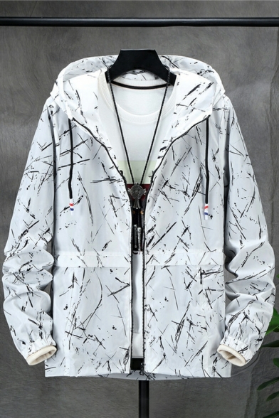 Modern Guys Solid Color Pocket Long Sleeve Hooded Drawstring Loose Fit Zip Closure Jacket