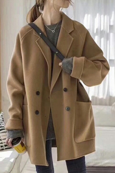 Modern Solid Lapel Collar Pocket Long-Sleeved Regular Double Breasted Trench Coat for Guys