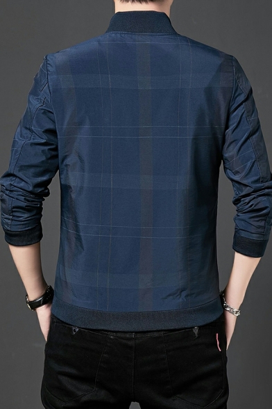 Plus Size Business Jacket Men's Casual Long Sleeve Stand Collar Zipper Plaid Jacket