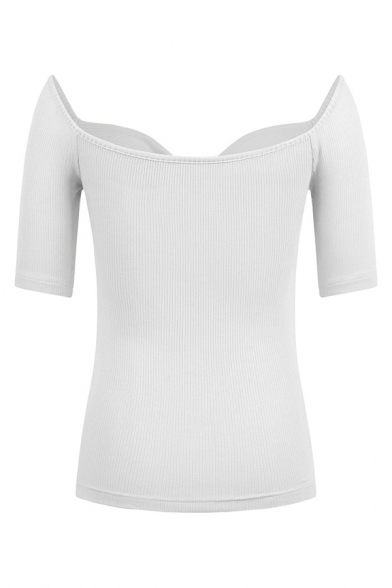 Simple Girls Plain Short-sleeved off The Shoulder Twist Together Knitted Top