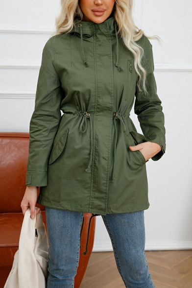 Street Style Girls Solid Color Hooded Drawstring Regular Long-Sleeved Zip Fly Trench Coat
