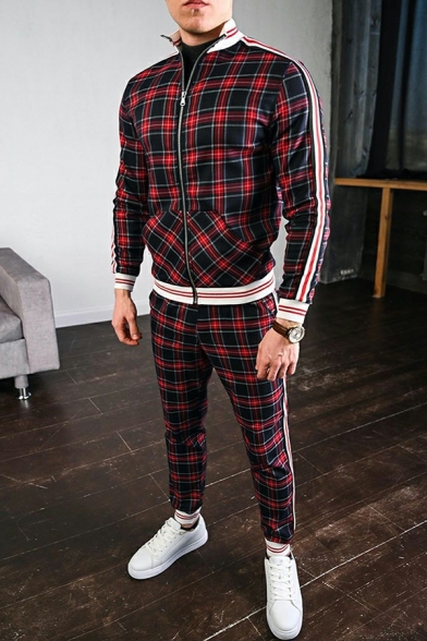 Athletic Plaid Pattern Long Sleeve Stand Collar Zipper Jacket with Pants Co-ords for Men