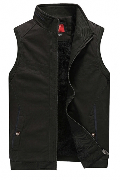 Casual Solid Color Fitted Sleeveless Stand Collar Zip Placket Vest for Boys