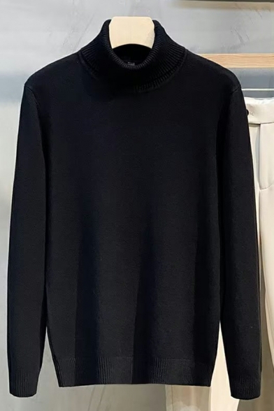 Casual Solid Color Long-sleeved High Collar Regular Pullover Sweater for Men