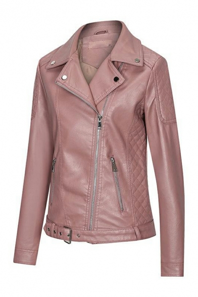 Chic Solid Color Pocket Lapel Collar Skinny Long Sleeves Zip Fly Leather Jacket for Ladies