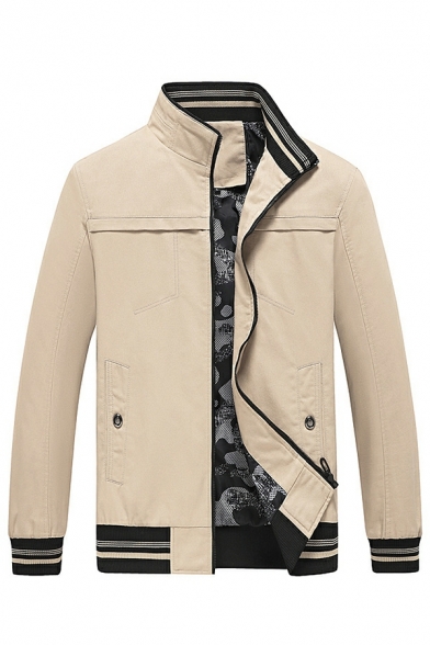 Chic Striped Print Long Sleeves Stand Collar Fitted Zip Down Jacket for Men