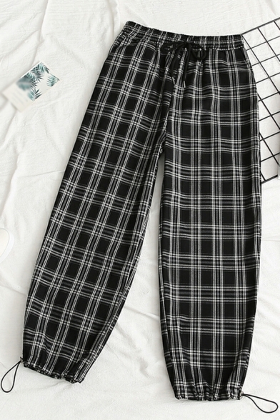 Cozy Ladies Checked Print Drawstring Waist Ankle Length Mid Rise Loose Pants
