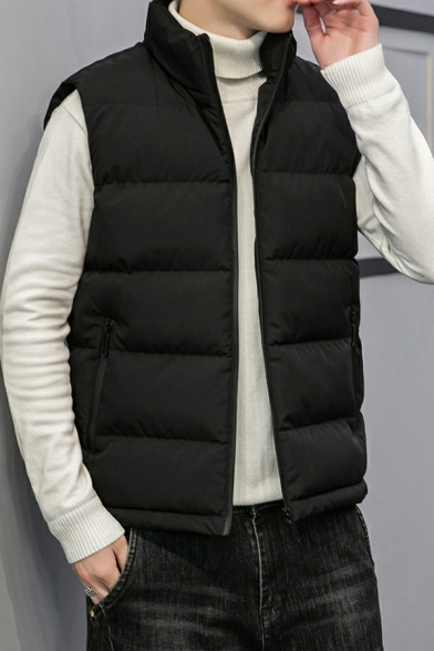 Fancy Leather Plain Pocket Front Stand Neck Regular Fitted Zip-up Vest for Men