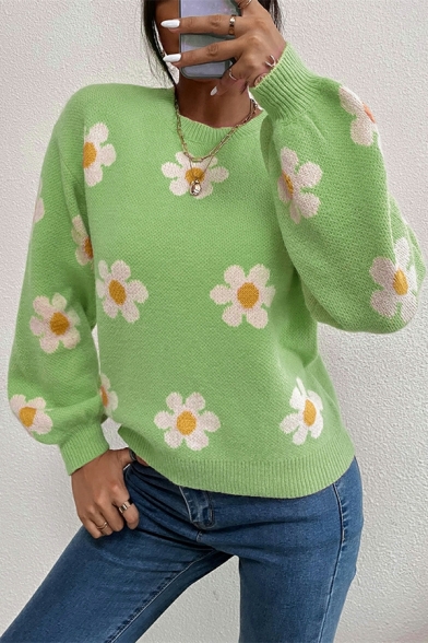 Fascinating Girls Floral Pattern Round Neck Long Sleeve Regular Knitted Top
