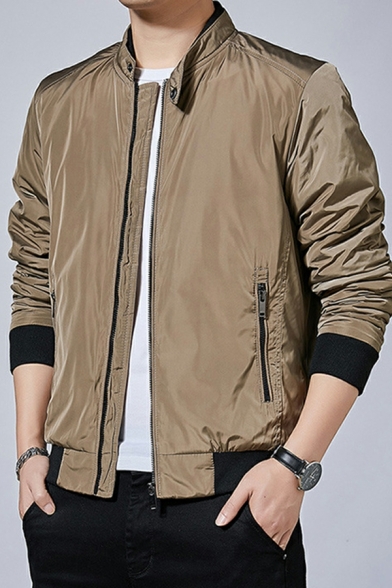 Fashion Guys Contrast Color Stand Collar Long Sleeves Regular Fitted Zip Placket Jacket