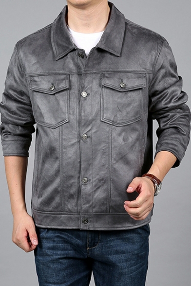 Fashion Guys Pure Color Spread Collar Long Sleeves Regular Chest Pocket Button-up Jacket