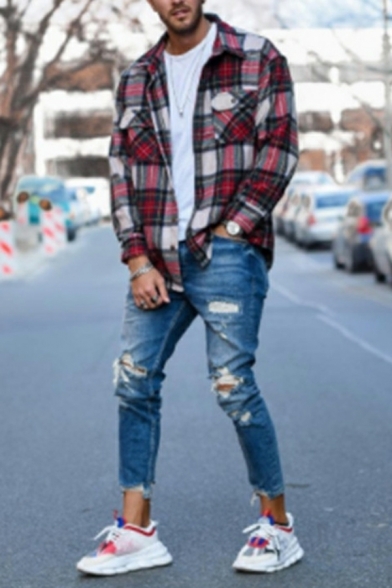 Fashion Mens Plain Broken Hole Mid Waist Long Length Skinny Zip Placket Jeans