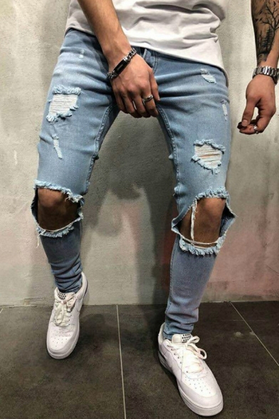 Guy's Casual Solid Color Broken Hole Mid Waist Long Length Slim Zip Closure Jeans