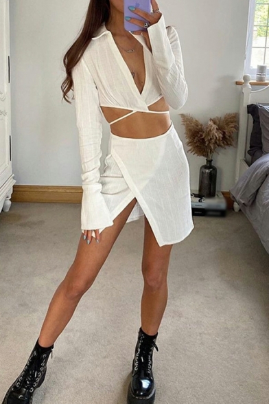 Ladies Lapel Long Sleeve Tie Top Two-Piece Set with Sexy Slit Skirt