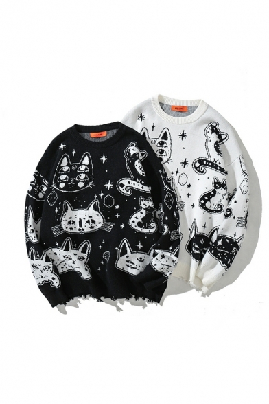 Ladies Urban Cartoon Cat Print Round Neck Long Sleeves Relaxed Knitted Top