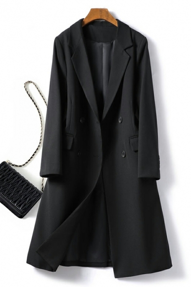 Leisure Ladies Solid Lapel Collar Loose Flap Pocket Long Sleeve Double Breast Trench Coat