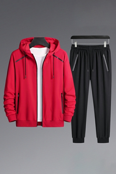 Men Athletic Solid Color Long Sleeve Zip-up Hoodie with Pants Drawstring Two Piece Set