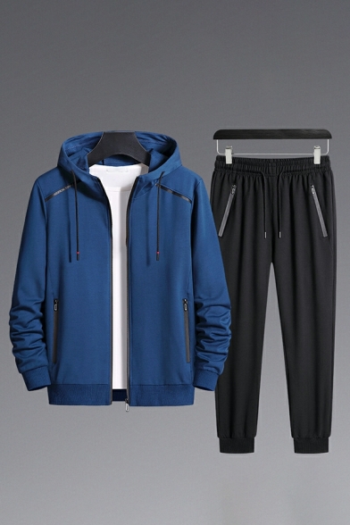 Men Athletic Solid Color Long Sleeve Zip-up Hoodie with Pants Drawstring Two Piece Set