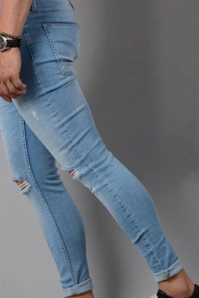 Men Modern Whole Colored Ripped Detailed Full Length Mid Rise Slim Fitted Zip Fly Jeans
