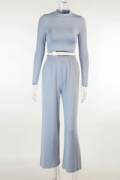 Modern Women Plain Long Sleeves Round Neck Crop Tee Shirt & Elastic Waist Pants Co-ords