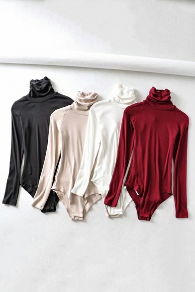 Pop Pure Color Long Sleeve High Collar Slim Fitted Bodysuit for Women