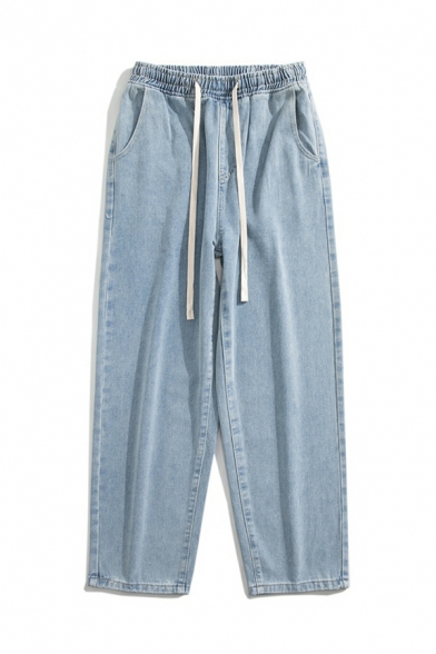 Popular Guy's Plain Mid Rise Pocket Loose Long Length Drawstring Waist Jeans
