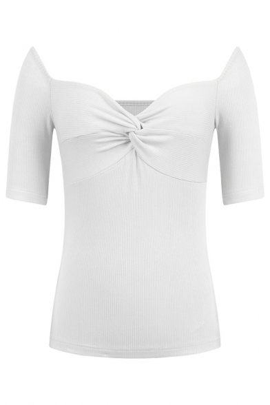Simple Girls Plain Short-sleeved off The Shoulder Twist Together Knitted Top