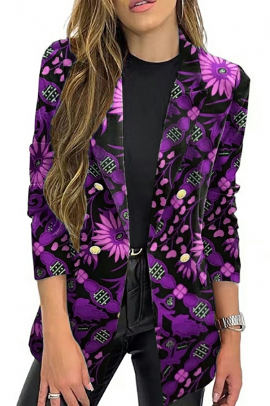 Simple Ladies Floral Pattern Lapel Collar Long Sleeve Regular Fit Open Front Blazer