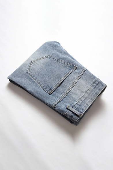 Urban Plain Broken Hole Straight Pocket Long Length Zip Placket Jeans for Men