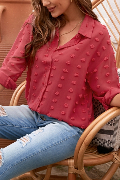 Vintage Girls Polka Dot Printed Turn-down Collar Long Sleeve Button Closure Shirt