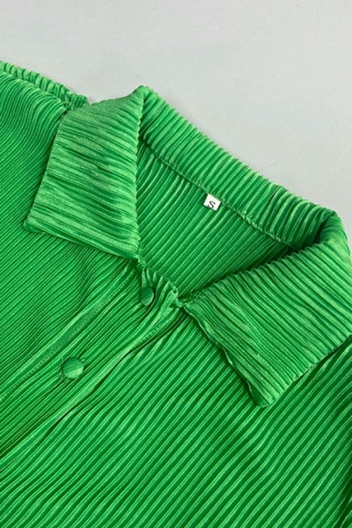 Women Classic Solid Long Sleeve Spread Collar Button Fly Shirt & Pants Regular Set