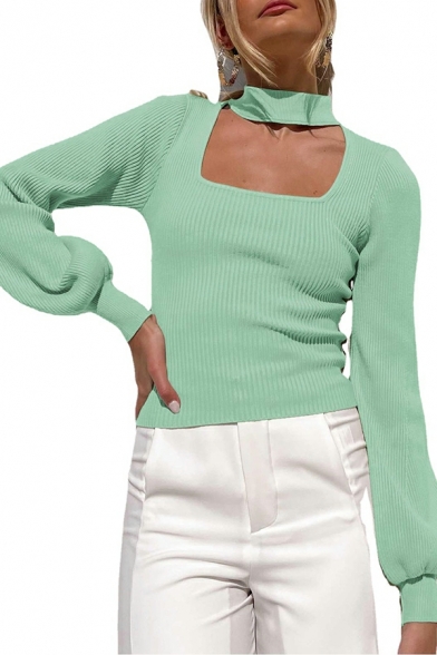 Women Trendy Stand Collar Hollow Out Lantern Long-sleeved Regular Fit Knitted Top