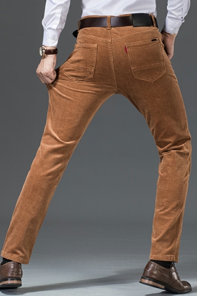 Casual Whole Colored Mid Rise Pocket Straight Zip Placket Pants for Men