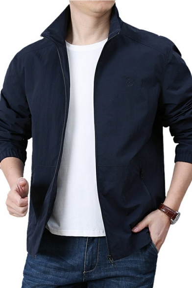 Cool Guys Solid Color Pocket Long-Sleeved Stand Collar Fitted Zip Down Jacket
