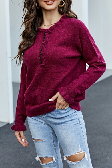 Cool Whole Colored Half Button Crew Neck Long Sleeve Ruffles Knitted Top for Girls