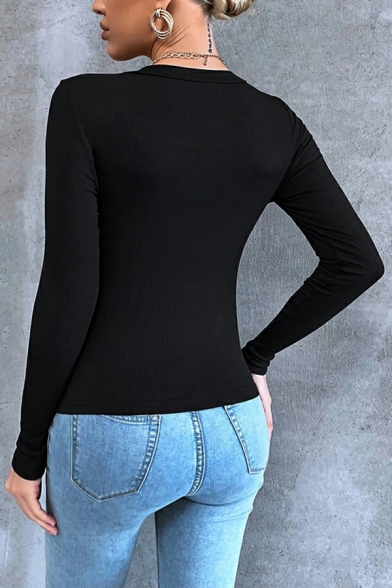 Cozy Solid Color V Neck Long-sleeved Split Front Skinny Knitted Top for Ladies