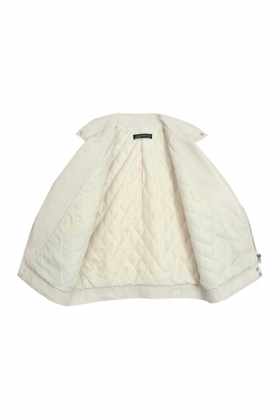 Fancy Ladies Plain Pocket Designed Lapel Collar Long Sleeve Loose Zip Closure Leather Coat