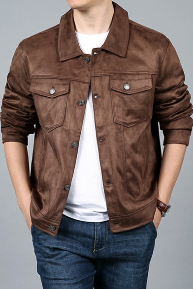 Fashion Guys Pure Color Spread Collar Long Sleeves Regular Chest Pocket Button-up Jacket