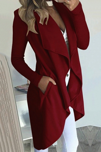 Fashion Ladies Pure Color Long Sleeve Spread Collar Fitted Open Front Trench Coat