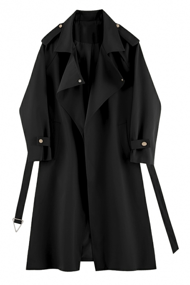 Fashionable Ladies Solid Color Loose Long Sleeve Belt Lapel Collar Open Front Trench Coat